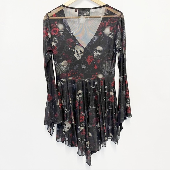 Killstar Black Skulls & Roses Bellflora Mesh Wide Sleeve Dress Women’s Sz Large - Picture 2 of 8